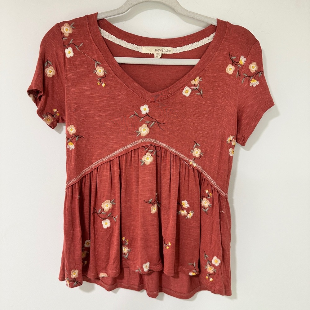 Womens Top XS Rust Orange Floral Embroidered Peplum Cottagecore Boho